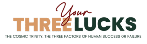 Logo with "Your Three Lucks" in bold letters. Subtitle reads "The Cosmic Trinity: The Three Factors of Human Success or Failure.
