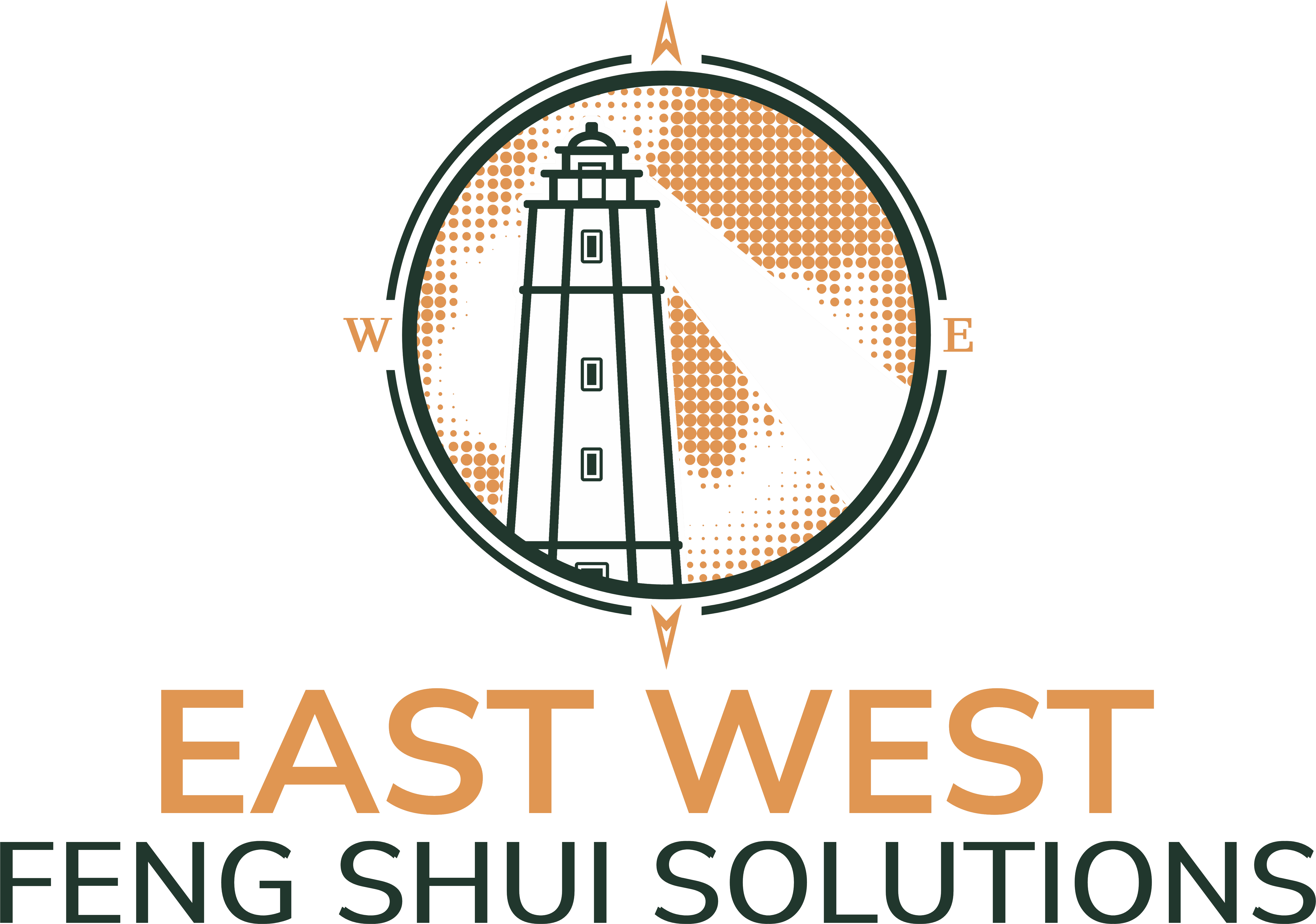 East West Feng Shui Solutions logo features a lighthouse within a compass rose, symbolizing spiritual guidance and life transformation.