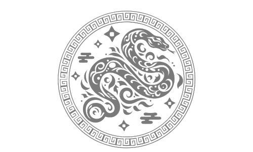 A stylized snake illustration with ornamental patterns, enclosed in a circular border with geometric designs on a black background.