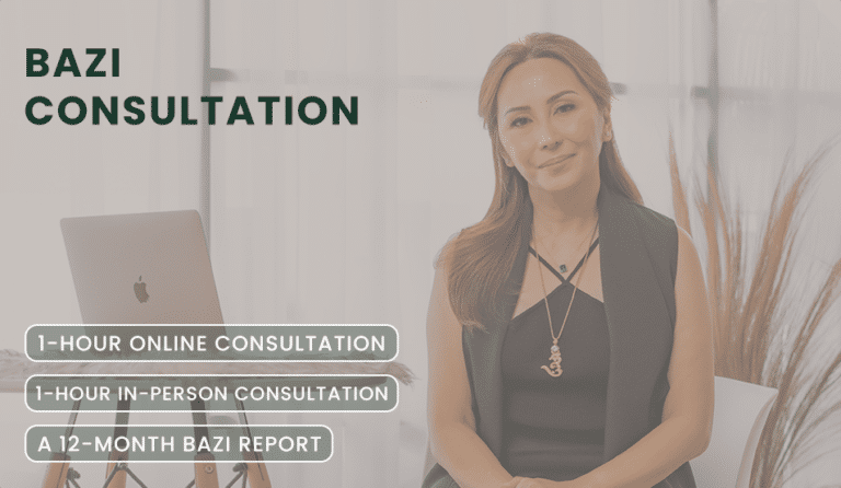 A woman sits at a desk with text offering BaZi consultation options: 1-hour online, 1-hour in-person, and a 12-month BaZi report.