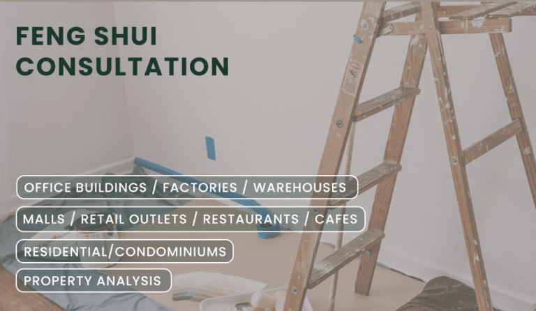 A wooden ladder stands in a partially painted room with plastic sheets on the floor. Text promotes feng shui consultation services for various property types.